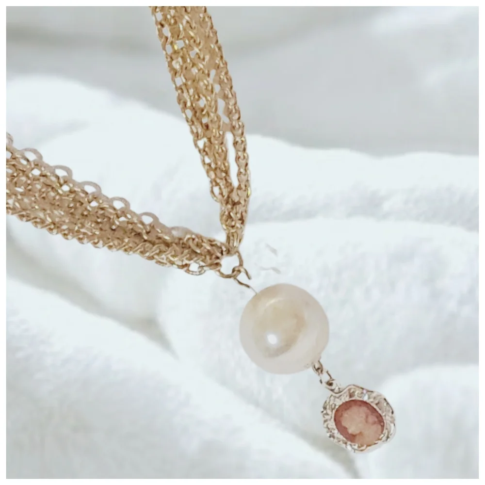 Gold Tone Multilayer Necklace with Faux Pearl and Small Cameo
